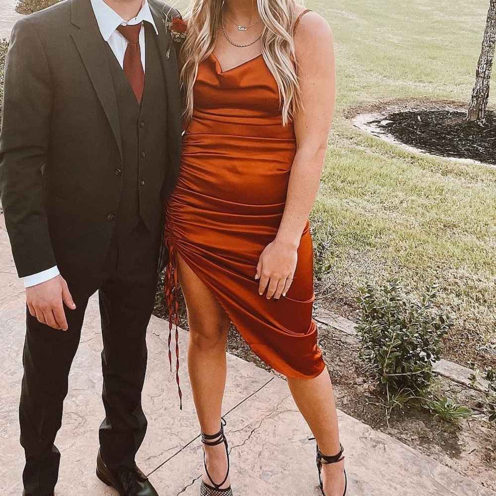 Rust brown/orange satin drawstring wedding guest dress